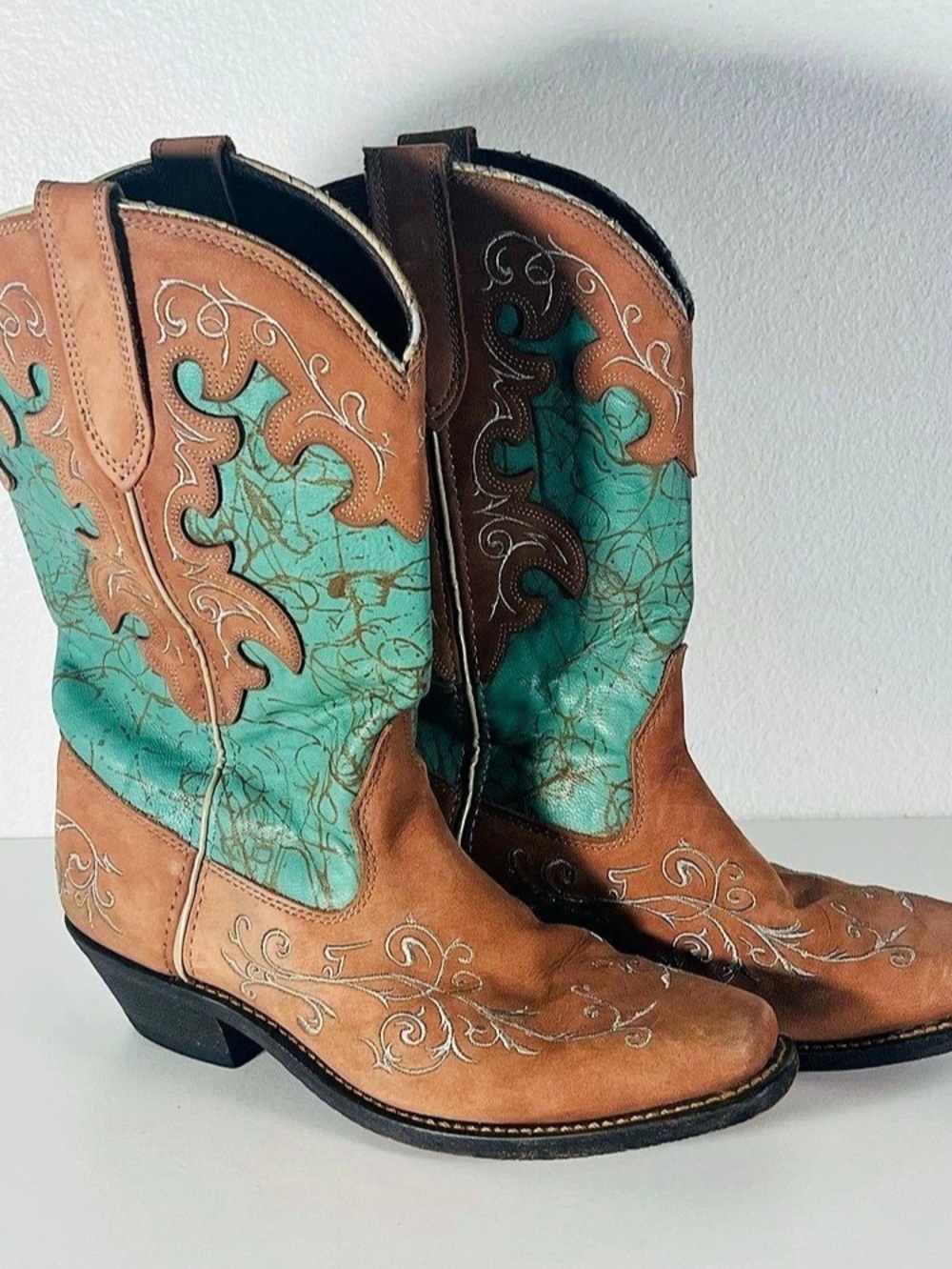 Rockin Country Women Cowboy Leather Teal Tan Cowgirl Western Boots Size 9M